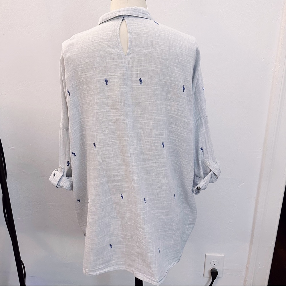 Zara Basic Button Down Cactus Embroidered Long Sleeve Top Woven Blouse - Picture 5 of 7